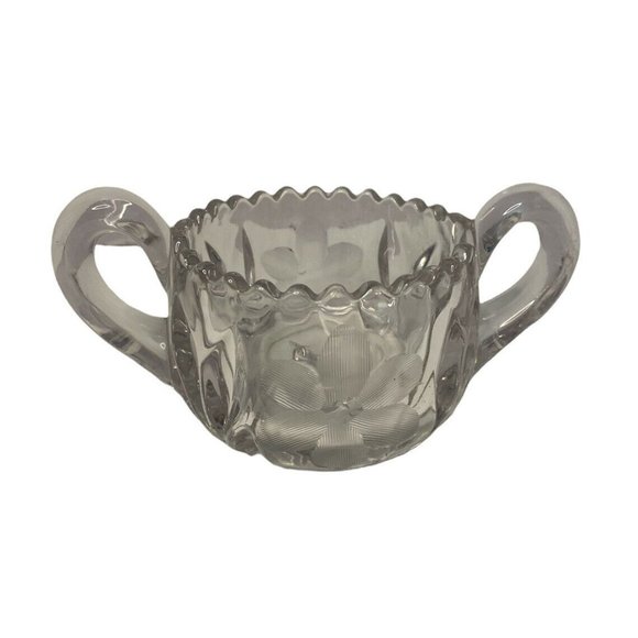 VTG EAPG Glass SUGAR BOWL Double Handle Sawtooth Star Base Floral Design - Picture 1 of 12